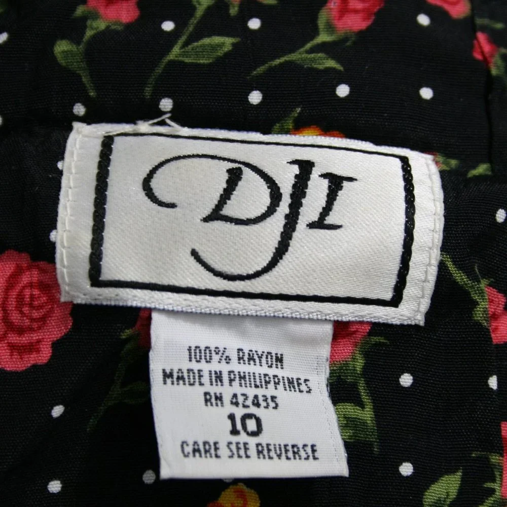 Vintage 50’s DJI Black Rayon Floral Midi Dress w/ Drawstring Belt SZ 10 EUC - Picture 7 of 8